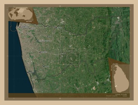 Téléchargez les photos : Colombo, district de Sri Lanka. Carte satellite basse résolution. Emplacements et noms des grandes villes de la région. Corner cartes de localisation auxiliaires - en image libre de droit