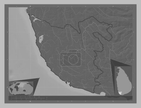 Téléchargez les photos : Galle, district of Sri Lanka. Grayscale elevation map with lakes and rivers. Corner auxiliary location maps - en image libre de droit