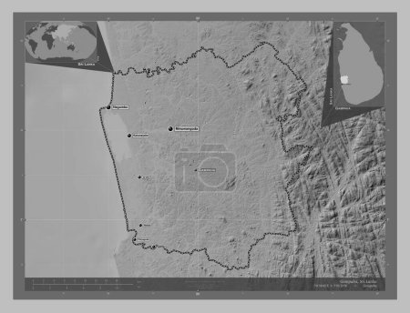 Téléchargez les photos : Gampaha, district of Sri Lanka. Grayscale elevation map with lakes and rivers. Locations and names of major cities of the region. Corner auxiliary location maps - en image libre de droit