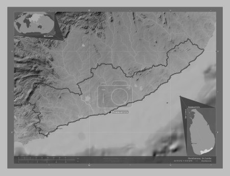Photo for Hambantota, district of Sri Lanka. Grayscale elevation map with lakes and rivers. Locations and names of major cities of the region. Corner auxiliary location maps - Royalty Free Image