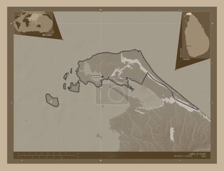Photo for Jaffna, district of Sri Lanka. Elevation map colored in sepia tones with lakes and rivers. Locations and names of major cities of the region. Corner auxiliary location maps - Royalty Free Image