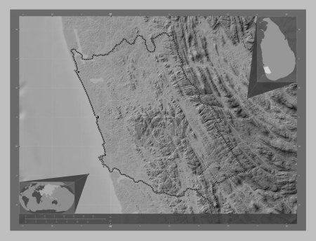 Foto de Kalutara, district of Sri Lanka. Grayscale elevation map with lakes and rivers. Locations of major cities of the region. Corner auxiliary location maps - Imagen libre de derechos