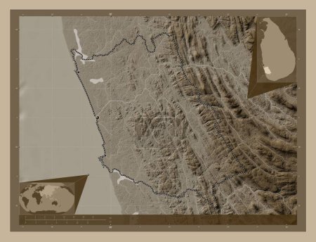 Photo for Kalutara, district of Sri Lanka. Elevation map colored in sepia tones with lakes and rivers. Locations of major cities of the region. Corner auxiliary location maps - Royalty Free Image