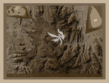 Photo for Kandy, district of Sri Lanka. Elevation map colored in sepia tones with lakes and rivers. Corner auxiliary location maps - Royalty Free Image
