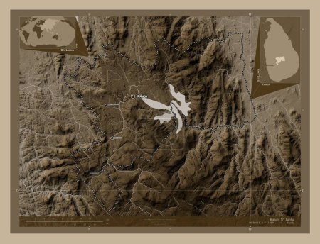 Photo for Kandy, district of Sri Lanka. Elevation map colored in sepia tones with lakes and rivers. Locations and names of major cities of the region. Corner auxiliary location maps - Royalty Free Image