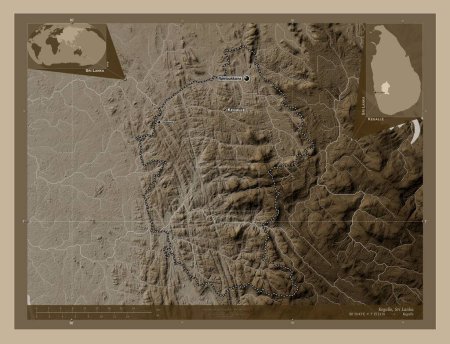 Photo for Kegalle, district of Sri Lanka. Elevation map colored in sepia tones with lakes and rivers. Locations and names of major cities of the region. Corner auxiliary location maps - Royalty Free Image