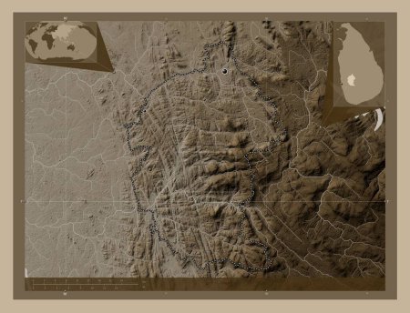 Photo for Kegalle, district of Sri Lanka. Elevation map colored in sepia tones with lakes and rivers. Locations of major cities of the region. Corner auxiliary location maps - Royalty Free Image