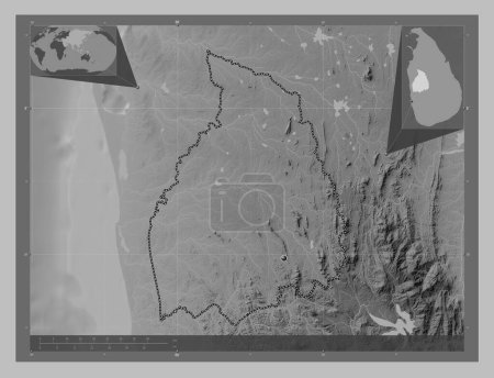 Photo for Kurunegala, district of Sri Lanka. Grayscale elevation map with lakes and rivers. Locations of major cities of the region. Corner auxiliary location maps - Royalty Free Image