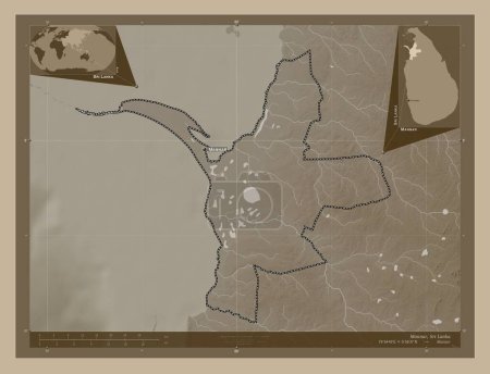 Téléchargez les photos : Mannar, district of Sri Lanka. Elevation map colored in sepia tones with lakes and rivers. Locations and names of major cities of the region. Corner auxiliary location maps - en image libre de droit