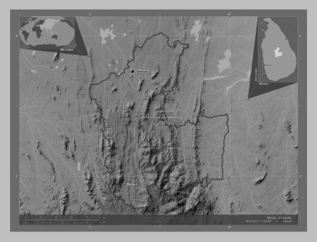 Photo for Matale, district of Sri Lanka. Grayscale elevation map with lakes and rivers. Locations and names of major cities of the region. Corner auxiliary location maps - Royalty Free Image