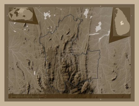 Photo for Matale, district of Sri Lanka. Elevation map colored in sepia tones with lakes and rivers. Corner auxiliary location maps - Royalty Free Image