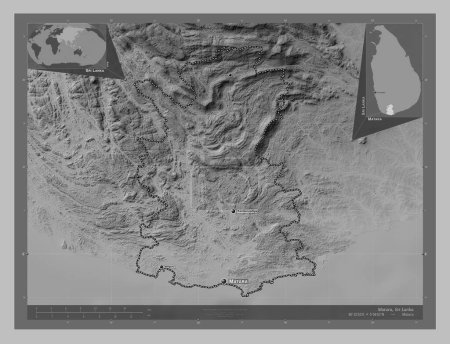 Téléchargez les photos : Matara, district of Sri Lanka. Grayscale elevation map with lakes and rivers. Locations and names of major cities of the region. Corner auxiliary location maps - en image libre de droit