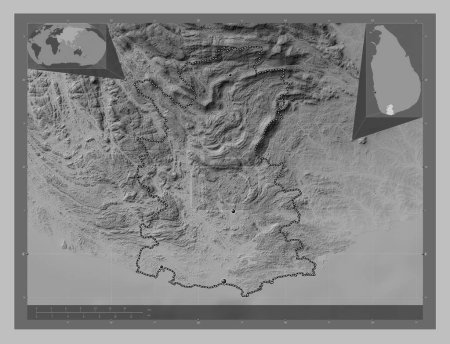 Téléchargez les photos : Matara, district of Sri Lanka. Grayscale elevation map with lakes and rivers. Locations of major cities of the region. Corner auxiliary location maps - en image libre de droit