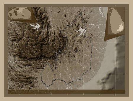 Photo for Moneragala, district of Sri Lanka. Elevation map colored in sepia tones with lakes and rivers. Locations of major cities of the region. Corner auxiliary location maps - Royalty Free Image
