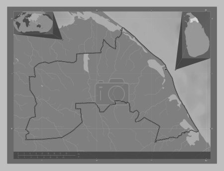 Téléchargez les photos : Mullaitivu, district of Sri Lanka. Grayscale elevation map with lakes and rivers. Corner auxiliary location maps - en image libre de droit