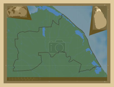 Téléchargez les photos : Mullaitivu, district of Sri Lanka. Colored elevation map with lakes and rivers. Corner auxiliary location maps - en image libre de droit
