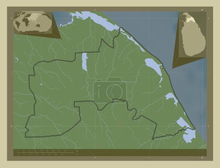Téléchargez les photos : Mullaitivu, district de Sri Lanka. Carte d'altitude colorée dans le style wiki avec des lacs et des rivières. Corner cartes de localisation auxiliaires - en image libre de droit