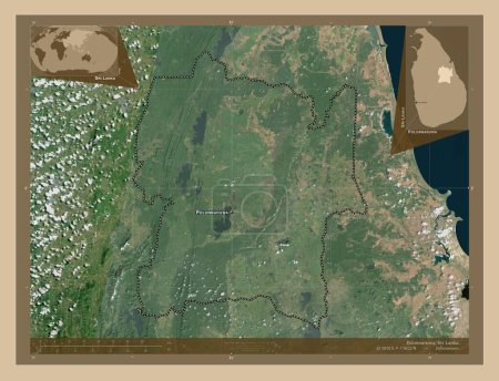 Téléchargez les photos : Polonnaruwa, district de Sri Lanka. Carte satellite basse résolution. Emplacements et noms des grandes villes de la région. Corner cartes de localisation auxiliaires - en image libre de droit