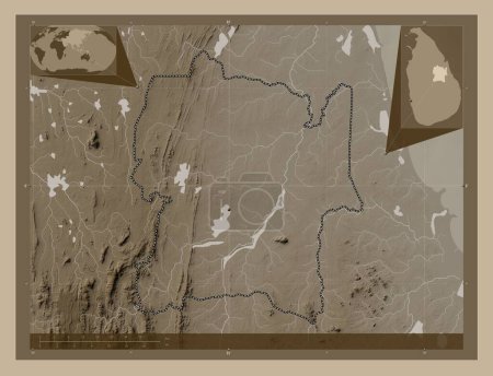 Photo for Polonnaruwa, district of Sri Lanka. Elevation map colored in sepia tones with lakes and rivers. Locations of major cities of the region. Corner auxiliary location maps - Royalty Free Image