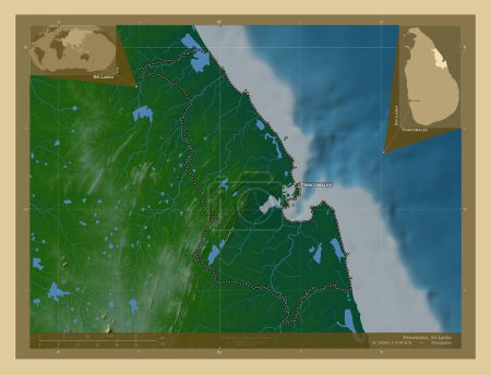 Téléchargez les photos : Trincomalee, district de Sri Lanka. Carte d'altitude colorée avec lacs et rivières. Emplacements et noms des grandes villes de la région. Corner cartes de localisation auxiliaires - en image libre de droit