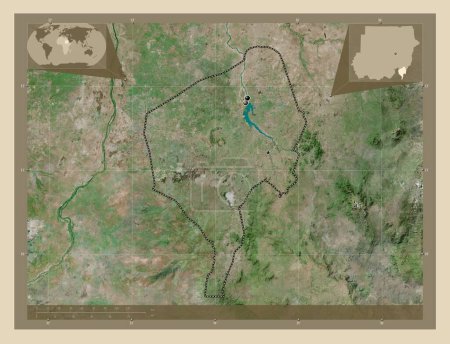 Foto de Nilo Azul, estado de Sudán. Mapa satelital de alta resolución. Ubicaciones de las principales ciudades de la región. Mapas de ubicación auxiliares de esquina - Imagen libre de derechos