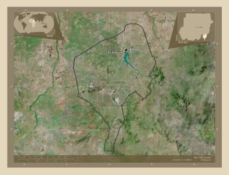 Téléchargez les photos : Blue Nile, État du Soudan. Carte satellite haute résolution. Emplacements et noms des grandes villes de la région. Corner cartes de localisation auxiliaires - en image libre de droit
