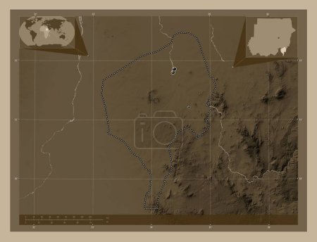 Téléchargez les photos : Blue Nile, state of Sudan. Elevation map colored in sepia tones with lakes and rivers. Locations of major cities of the region. Corner auxiliary location maps - en image libre de droit