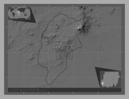 Téléchargez les photos : Central Darfur, state of Sudan. Bilevel elevation map with lakes and rivers. Corner auxiliary location maps - en image libre de droit