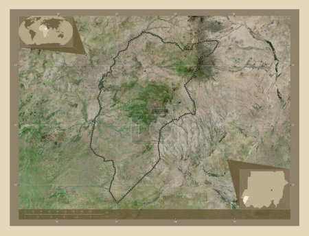 Téléchargez les photos : Darfour central, État du Soudan. Carte satellite haute résolution. Emplacements des grandes villes de la région. Corner cartes de localisation auxiliaires - en image libre de droit