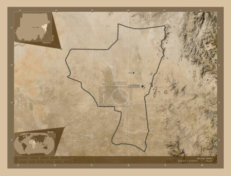 Téléchargez les photos : Kassala, État du Soudan. Carte satellite basse résolution. Emplacements et noms des grandes villes de la région. Corner cartes de localisation auxiliaires - en image libre de droit