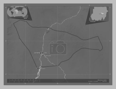 Photo for Khartoum, state of Sudan. Grayscale elevation map with lakes and rivers. Locations and names of major cities of the region. Corner auxiliary location maps - Royalty Free Image