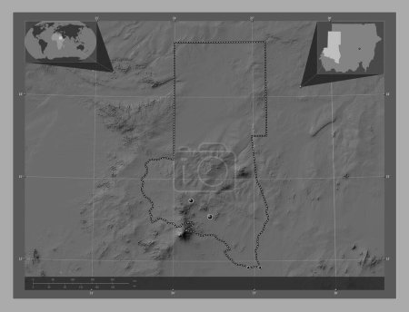 Téléchargez les photos : Darfour Nord, État du Soudan. Carte d'altitude de Bilevel avec lacs et rivières. Emplacements des grandes villes de la région. Corner cartes de localisation auxiliaires - en image libre de droit