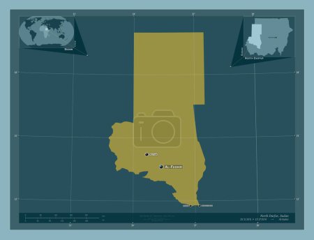 Téléchargez les photos : North Darfur, state of Sudan. Solid color shape. Locations and names of major cities of the region. Corner auxiliary location maps - en image libre de droit