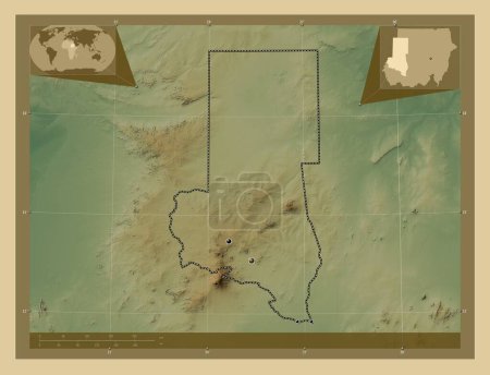 Téléchargez les photos : Darfour Nord, État du Soudan. Carte d'altitude colorée avec lacs et rivières. Emplacements des grandes villes de la région. Corner cartes de localisation auxiliaires - en image libre de droit