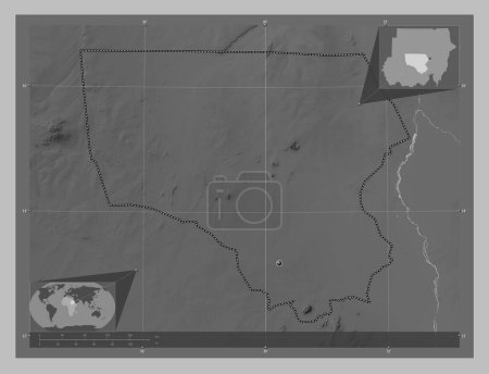 Photo for North Kurdufan, state of Sudan. Grayscale elevation map with lakes and rivers. Corner auxiliary location maps - Royalty Free Image