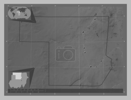 Téléchargez les photos : Nord, État du Soudan. Carte d'altitude en niveaux de gris avec lacs et rivières. Emplacements des grandes villes de la région. Corner cartes de localisation auxiliaires - en image libre de droit