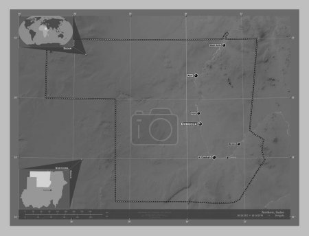 Photo for Northern, state of Sudan. Grayscale elevation map with lakes and rivers. Locations and names of major cities of the region. Corner auxiliary location maps - Royalty Free Image