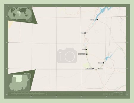 Foto de Norte, estado de Sudán. Open Street Map. Ubicaciones y nombres de las principales ciudades de la región. Mapas de ubicación auxiliares de esquina - Imagen libre de derechos