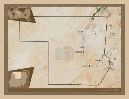 Foto de Norte, estado de Sudán. Mapa satelital de baja resolución. Ubicaciones y nombres de las principales ciudades de la región. Mapas de ubicación auxiliares de esquina - Imagen libre de derechos