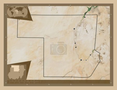 Foto de Norte, estado de Sudán. Mapa satelital de baja resolución. Ubicaciones de las principales ciudades de la región. Mapas de ubicación auxiliares de esquina - Imagen libre de derechos