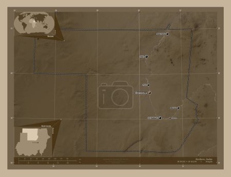 Téléchargez les photos : Nord, État du Soudan. Carte d'altitude colorée dans des tons sépia avec des lacs et des rivières. Emplacements et noms des grandes villes de la région. Corner cartes de localisation auxiliaires - en image libre de droit