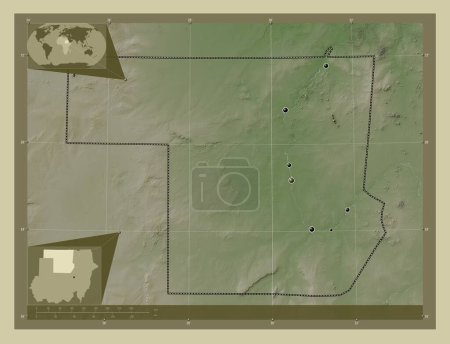 Foto de Norte, estado de Sudán. Mapa de elevación coloreado en estilo wiki con lagos y ríos. Ubicaciones de las principales ciudades de la región. Mapas de ubicación auxiliares de esquina - Imagen libre de derechos
