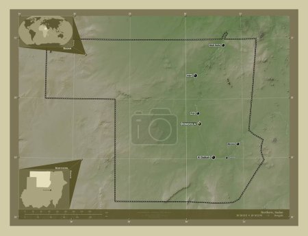Foto de Norte, estado de Sudán. Mapa de elevación coloreado en estilo wiki con lagos y ríos. Ubicaciones y nombres de las principales ciudades de la región. Mapas de ubicación auxiliares de esquina - Imagen libre de derechos