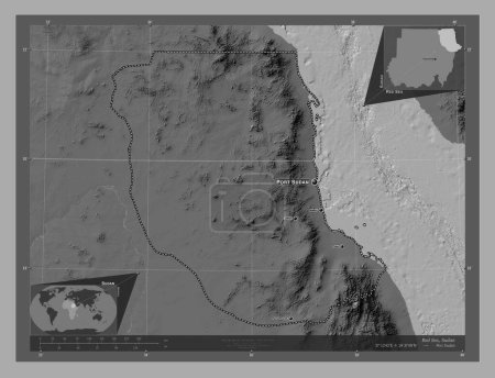 Photo for Red Sea, state of Sudan. Bilevel elevation map with lakes and rivers. Locations and names of major cities of the region. Corner auxiliary location maps - Royalty Free Image