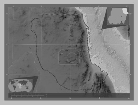 Photo for Red Sea, state of Sudan. Grayscale elevation map with lakes and rivers. Corner auxiliary location maps - Royalty Free Image