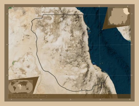 Photo for Red Sea, state of Sudan. Low resolution satellite map. Locations of major cities of the region. Corner auxiliary location maps - Royalty Free Image