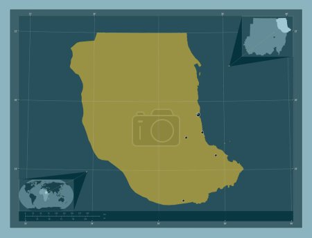 Photo for Red Sea, state of Sudan. Solid color shape. Locations of major cities of the region. Corner auxiliary location maps - Royalty Free Image