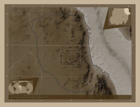 Photo for Red Sea, state of Sudan. Elevation map colored in sepia tones with lakes and rivers. Locations of major cities of the region. Corner auxiliary location maps - Royalty Free Image
