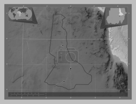 Téléchargez les photos : River Nile, state of Sudan. Grayscale elevation map with lakes and rivers. Locations of major cities of the region. Corner auxiliary location maps - en image libre de droit