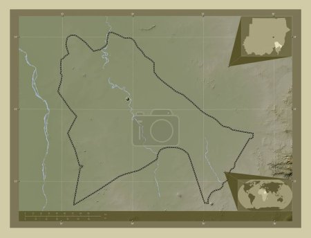 Foto de Sennar, estado de Sudán. Mapa de elevación coloreado en estilo wiki con lagos y ríos. Mapas de ubicación auxiliares de esquina - Imagen libre de derechos